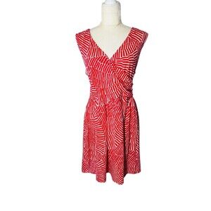BODEN Sz L 14 Soft Midi Dress Pockets Print Coral Red White Ruched Wrap Spring